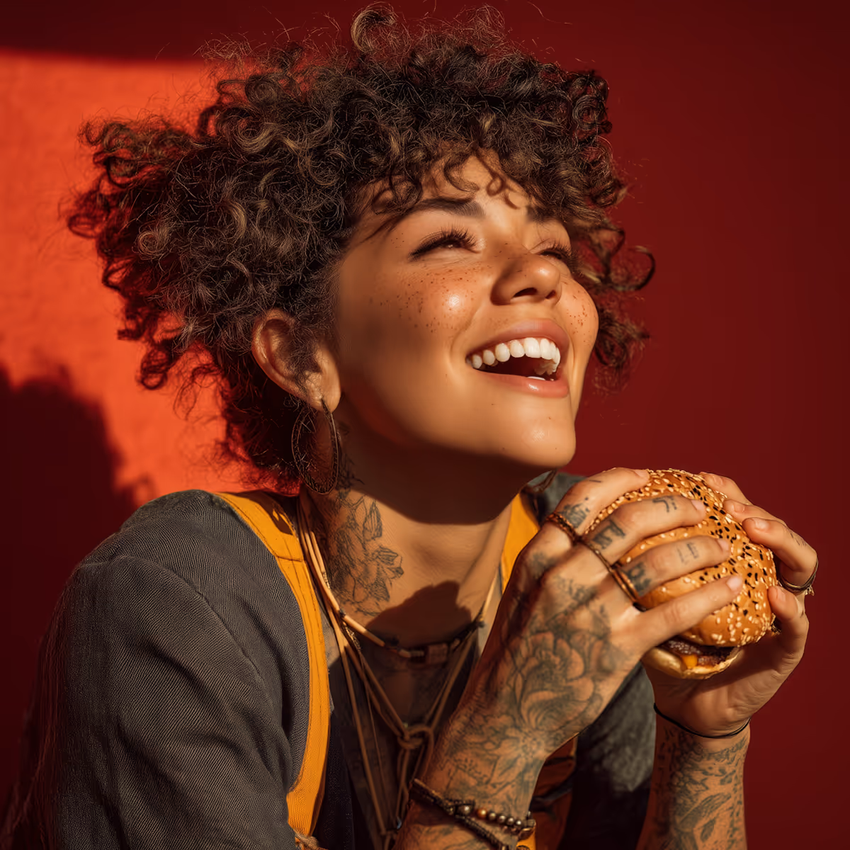 Smiling curly-haired woman with tattoos holding a sesame seed burger against a red background.